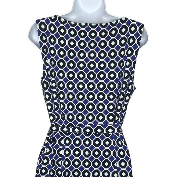 Talbots  A-Line Dress Women's Size M Stretch Knit Belted Geo Print Navy Purple - Picture 5 of 8
